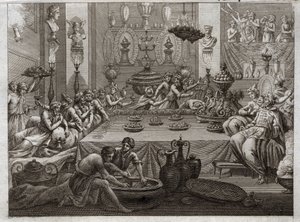 Bible of Royaumont, Starý zákon: Baltazar odsuzuje. Král Baltazar (Belshatsar) u stolu vidí ruku, která třemi slovy píše konec jeho věty. Ilustrace z roku 1811. od Unknown artist