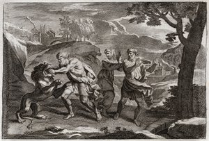 Bible of Royaumont, Starý zákon: Narození Samsona. Samson trhá lva na kusy. Ilustrace z roku 1811. od Unknown artist