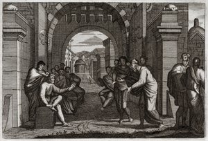Bible of Royaumont, Starý zákon: Boaz (Booz), blízký příbuzný Ruth, manželka podle nařízení Zákona. Ilustrace z roku 1811. od Unknown artist