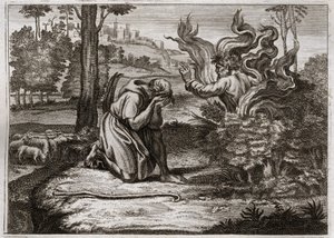 Bible of Royaumont, Starý zákon: Hořící keř. Bůh mluví k Mojžíšovi ze středu hořícího keře. Ilustrace z roku 1811. od Unknown artist