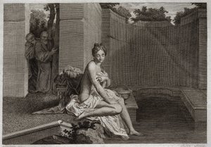 Bible of Royaumont, Starý zákon: Cudná ze Suzanne. Dva starší, Soudci lidu, pošpinili zkaženou Chastete Suzanne, když byla sama ve své zahradě a koupala se. Ilustrace z roku 1811. od Unknown artist