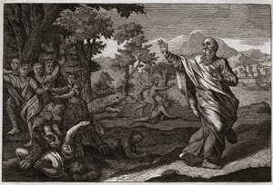 Bible of Royaumont, Starý zákon: Děti požírá medvědy. Děti, které si dělají legraci z Elizeovy plešatosti, jsou trhány medvědy. Ilustrace z roku 1811. od Unknown artist