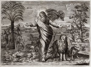 Bible of Royaumont, Starý zákon: Stvoření světa. Bůh odnikud táhne Nebe a Zemi a během šesti dnů zdobí je i lidi Stvoření všeho druhu. Ilustrace z roku 1811. od Unknown artist
