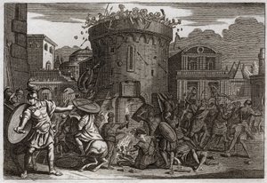 Bible of Royaumont, Starý zákon: Smrt Abimelecha. Abimelech (Abimelec nebo Ahimelech nebo Ahimelek) je zabit ženou, která ho rozbije kamenem při obléhání Tebetz. Ilustrace z roku 1811. od Unknown artist