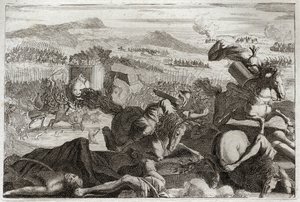Bible of Royaumont, Starý zákon: Jidášova smrt. Porážka Demetria I. Sotera a Nicanora. Smrt Judy Machabee (Maccabee, Macabee) v bitvě. Ilustrace z roku 1811. od Unknown artist