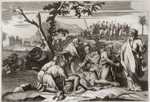 Bible of Royaumont, Starý zákon: Smrt ničemného Antiocha. Otřesná smrt krále Antiocha IV Epiphana (175-164 př. n. l.) po pádu koně. Ilustrace z roku 1811. od Unknown artist