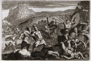 Bible of Royaumont, Starý zákon: Porážka Amalec (Amalek). Mojžíš zvítězil nad Amalekity a držel ruce vysoko v nebi. Ilustrace z roku 1811. od Unknown artist