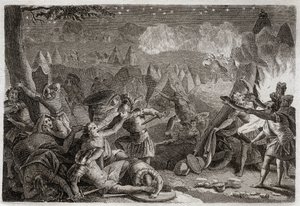 Bible of Royaumont, Starý zákon: Porážka Midianitů zvukem trubek a světly lamp. Ilustrace z roku 1811. od Unknown artist