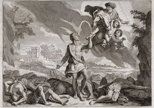 Bible of Royaumont, Starý zákon: Porážka Pelištejců. Samson zabije tisíc Pelištejců oslí čelistí. Bůh nechává vytékat vodu z čelisti, aby Samson mohl uhasit svou žízeň. Ilustrace z roku 1811. od Unknown artist