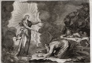 Bible of Royaumont, Starý zákon: Danielovo osvobození. Daniel v jámě lvů je zázračně opilý. Ilustrace z roku 1811. od Unknown artist
