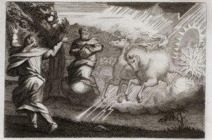 Bible of Royaumont, Starý zákon: Eliáš je potěšen v nebi. Eliáš je vzat do nebe v ohnivém voze v přítomnosti svého učedníka. Elisee od něj přijímá jeho dvojí mysl: rozděluje vodu Jordánu s Eliášovým pláštěm. Illust od Unknown artist