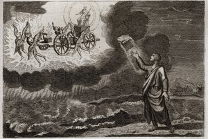 Bible of Royaumont, Starý zákon: prorok Ezechiel. Svatý Prorok měl vidění, kde se mu Pán zjevil na voze, neseném čtyřmi cherubíny (tetramorfy). Ilustrace z roku 1811. od Unknown artist