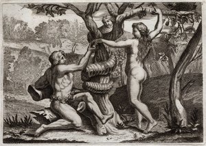 Bible of Royaumont, Starý zákon: Pád Adama. Démon pod tváří hada mluví k Evě, a stan jíst zakázané ovoce: Eva padá a také způsobí pád Adama. Ilustrace z roku 1811. od Unknown artist