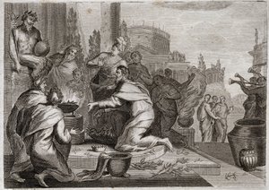 Bible of Royaumont, Starý zákon: Pád Šalomouna. Šalomoun je zkažen ženami a nabízí kadidlo modlám falešných bohů. Jeho smrt. Ilustrace z roku 1811. od Unknown artist