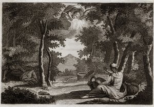 Bible of Royaumont, Starý zákon: Let Agaru. Agar (Hagar) vypráví příběh Sáře (Sarah), své milenky. Sara tvrdě mluví o své drzosti. Agar ji nemůže trpět a utekla z domu v poušti, nebo s ní promluví anděl, aby ji přivedl zpět se Sarou od Unknown artist