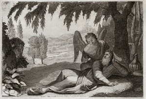 Bible of Royaumont, Starý zákon: Útěk Eliáše. Eliáš prchající před hněvem Jezabel, která se mu chtěla pomstít za smrt jeho falešných proroků, je v poušti podporován andělem, který mu přináší jídlo. Ilustrace z roku 1811. od Unknown artist