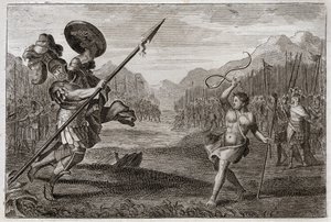 Bible of Royaumont, Starý zákon: Obří Goliáš. Goliáš, Pelištejec, ohromné velikosti, je poražen Davidem, zbraň pouze s prakem a holí. Ilustrace z roku 1811. od Unknown artist