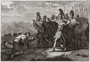 Bible of Royaumont, Starý zákon: Hlava Saulova. Pelištejci se těší ze Saulovy smrti a nabízejí jeho hlavu svému idolu. David lituje smrti a jde do Judeje, jinak je v Hebronu uznán králem. Ilustrace z roku 1811. od Unknown artist
