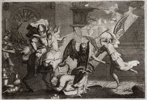Bible of Royaumont, Starý zákon: Heliodore loví chrám. Heliodora (Heliodora), kterého poslal jeho vládce vyplenit jeruzalémský chrám, andělé porazili yardy. Ilustrace z roku 1811. od Unknown artist