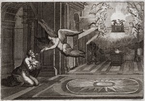 Bible of Royaumont, Starý zákon: Izaiáš prorok. Seraphin vzal pinzetou hořící ohnivý uhlík, který byl na oltáři, a dotkl se rtů tohoto svatého Proroka, aby ho očistil od všech jeho skvrn. Ilustrace z roku 1811. od Unknown artist