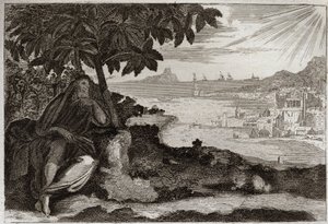 Bible of Royaumont, Starý zákon: Ivy desseche. Bůh svému proroku Jonasovi ukazuje citlivým příkladem, jak moc miluje muže a jak velkou bolestí trpí, když je nucen je trestat. Ilustrace z roku 1811. od Unknown artist