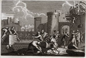Bible of Royaumont, Starý zákon: Jeruzalémská odplata. Král Artaxerxes I. poslal Nehemii do Jeruzaléma s povolením vzbouřit všechny jeho hradby. Ilustrace z roku 1811. od Unknown artist
