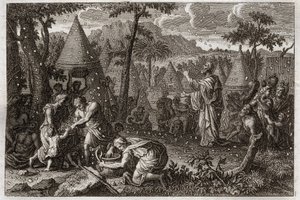 Bible of Royaumont, Starý zákon: Židé v poušti (nebo vzpoura manny). Bůh způsobuje, že manna padá z nebe na čtyřicet let. Ilustrace z roku 1811. od Unknown artist