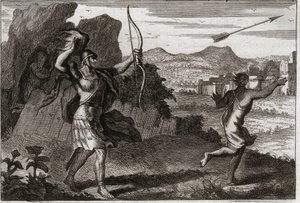 Bible of Royaumont, Starý zákon: Jonathan a David. A když Jonatan viděl, že jeho otec je zahořklý, Saul ho varoval, aby se stáhl. Ilustrace z roku 1811. od Unknown artist