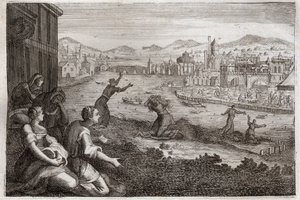Bible of Royaumont, Starý zákon: Porodní asistentky Egypta. Farao způsobí, aby byli synové Izraelitů svrženi do Nilu. Ilustrace z roku 1811. od Unknown artist