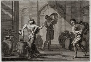 Bible of Royaumont, Starý zákon: Miracle of Elisee. Tento Prorok, ztrápené vdově po svých creancers, jí pomocí Elisiny lásky přikázal, aby si od těchto sousedů vypůjčila mnoho nádob, které naplnila olejem s malým zbytkem, který měla v sobě. od Unknown artist