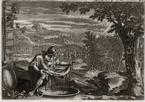 Bible of Royaumont, Starý zákon: Miracle of Fleece. Gedeon (Gideon) získal od Boha zázrak rouna jako důkaz, že si ho vybral a že z něj udělá osvoboditele svého lidu. Ilustrace z roku 1811. od Unknown artist