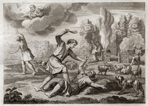 Bible of Royaumont, Starý zákon: Vražda Ábela. Kain táhne svého bratra závistí proti Abelovi, bere ho na venkov, jako by se chtěl projít, a zabíjí ho. Ilustrace z roku 1811. od Unknown artist