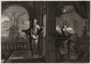Bible of Royaumont, Starý zákon: Pokání Davidova. Bůh posílá svého proroka Natana k Davidovi, aby reprezentoval jeho vinu. Lítost, kterou z toho tento svatý král zakódoval, ho nutí přijmout všechna zla, která mu Prorok předpověděl. Ilustrace z roku 1811. od Unknown artist