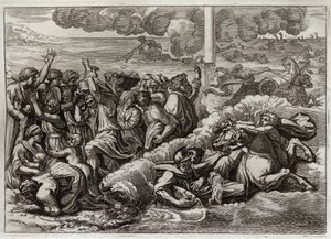 Bible of Royaumont, Starý zákon: Faraon se potápí v Rudém moři. Průchod Rudým mořem Mojžíšem a Hebrejci, utopení faraonovy armády. Ilustrace z roku 1811. od Unknown artist