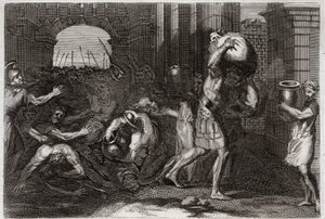 Bible of Royaumont, Starý zákon: Předpověď Elisee. Pán Samaří, který svedl Elizeova slova, se tísní u jeho nohou. Ilustrace z roku 1811. od Unknown artist