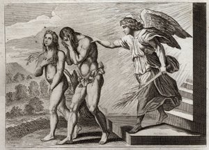 Bible of Royaumont, Starý zákon: Potrestání Adama. Bůh vyžene Adama a Evu z ráje poté, co padnou, a postaví ke dveřím cherubína, aby bránil jejich vchod. Ilustrace z roku 1811. od Unknown artist