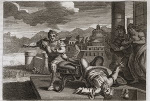 Bible of Royaumont, Starý zákon: Trest Heliho. Bůh, aby potrestal velkého kněze Heliho (Eliho) za jeho nedbalost při přebírání příkazů jeho dětí, mu dovoluje spadnout ze sedadla a rozbít si hlavu tím, že uslyší zprávu o jejich smrti. od Unknown artist