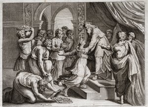Bible z Royaumontu, Starý zákon: Královna ze Sáby. Královna ze Sáby přichází k Šalomounovi, aby si poslechla jeho moudrost a nabídla mu dárky. Ilustrace z roku 1811. od Unknown artist