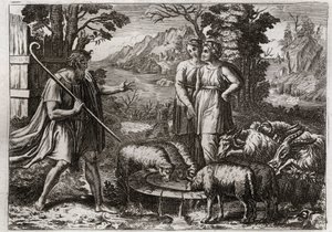 Bible of Royaumont, Starý zákon: Rachel a Leah. Jákob sloužil svému strýci Labanovi, aby si vzal jeho dceru Ráchel. Ilustrace z roku 1811. od Unknown artist