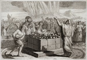 Bible of Royaumont, Starý zákon: Oběť Eliáše. A když dal poznat pravého Boha zázrakem ohně, který sestoupil z nebe při jeho oběti, přikázal lidu zabít čtyři sta padesát kněží Baalovy modly. Illustrat od Unknown artist