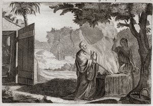 Bible of Royaumont, Starý zákon: Oběť Gedeon. Gedeon (Gideon) je Bohem povolán, aby odebral Židy od jejich nepřátel. Přináší oběť na kameni, ze kterého vychází oheň, který ho pohltí. Ilustrace z roku 1811. od Unknown artist