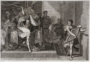 Bible of Royaumont, Starý zákon: Saul chce zabít Davida. Saul plný hněvu a závisti proti Davidovi chce probodnout jeho kopí, když před ním hrál na harfu. Ilustrace z roku 1811. od Unknown artist