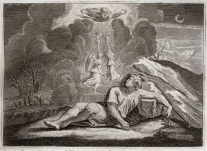 Bible of Royaumont, Starý zákon: Měřítko Jákobovo. Jákob prchající před Ezauovým hněvem žije a spí na tajemném žebříku. Ilustrace z roku 1811. od Unknown artist