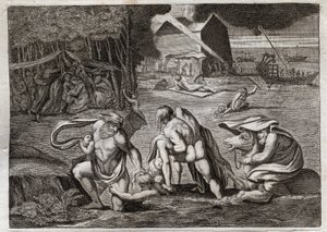 Bible of Royaumont, Starý zákon: Potopa. Potopa zaplavuje celou zemi. Jediná archa zachraňuje ty, kteří v ní byli zavřeni, před tímto potopením. Ilustrace z roku 1811. od Unknown artist