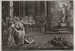 Bible of Royaumont, Starý zákon: Idol Belova. Daniel zničil Belovu modlu a zabil draka, kterého Babyloňané uctívali. Ilustrace z roku 1811. od Unknown artist