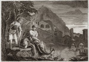 Bible of Royaumont, Starý zákon: Anděl vede Tobieho. Mladého Tobieho děsí ryba (zázračná), která ho chtěla sežrat. Angel Raphael přichází na Boží příkaz, aby ho vedl na cestu, kterou musel podniknout. Ilustrace z roku 1811. od Unknown artist