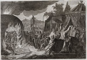 Bible of Royaumont, Starý zákon: Tři děti Babylonu v peci. Král Nabuchodonozor II vrhá tři mladé hebrejské muže do hořící pece, odkud jsou zázračně vysvobozeni. Říká se jim Ananias, Azarias a Misael (nebo Shadrac od Unknown artist