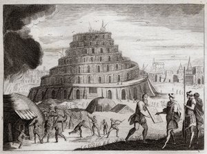 Bible of Royaumont, Starý zákon: Babylonská věž. Lidé chtějí marnivostí pozvednout věž do nebe. Bůh tomuto dílu brání tím, že jim zmate jazyky, aby se navzájem neslyšeli mluvit. Ilustrace z roku 1811. od Unknown artist