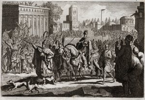 Bible of Royaumont, Starý zákon: Triumph of Mardochee. Aman (Haman) je přinucen králem zveřejnit triumf Mardochee (nebo Mordekhai nebo Mordecai), jeho nepřítele po celém městě Susan (známější jako Susa). Ilustrace z roku 1811. od Unknown artist
