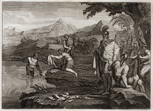 Bible of Royaumont, Starý zákon: Válka o Naaman. Naaman, generál armády syrského krále, přišel najít proroka Elisee, aby se uzdravil z malomocenství. Ilustrace z roku 1811. od Unknown artist